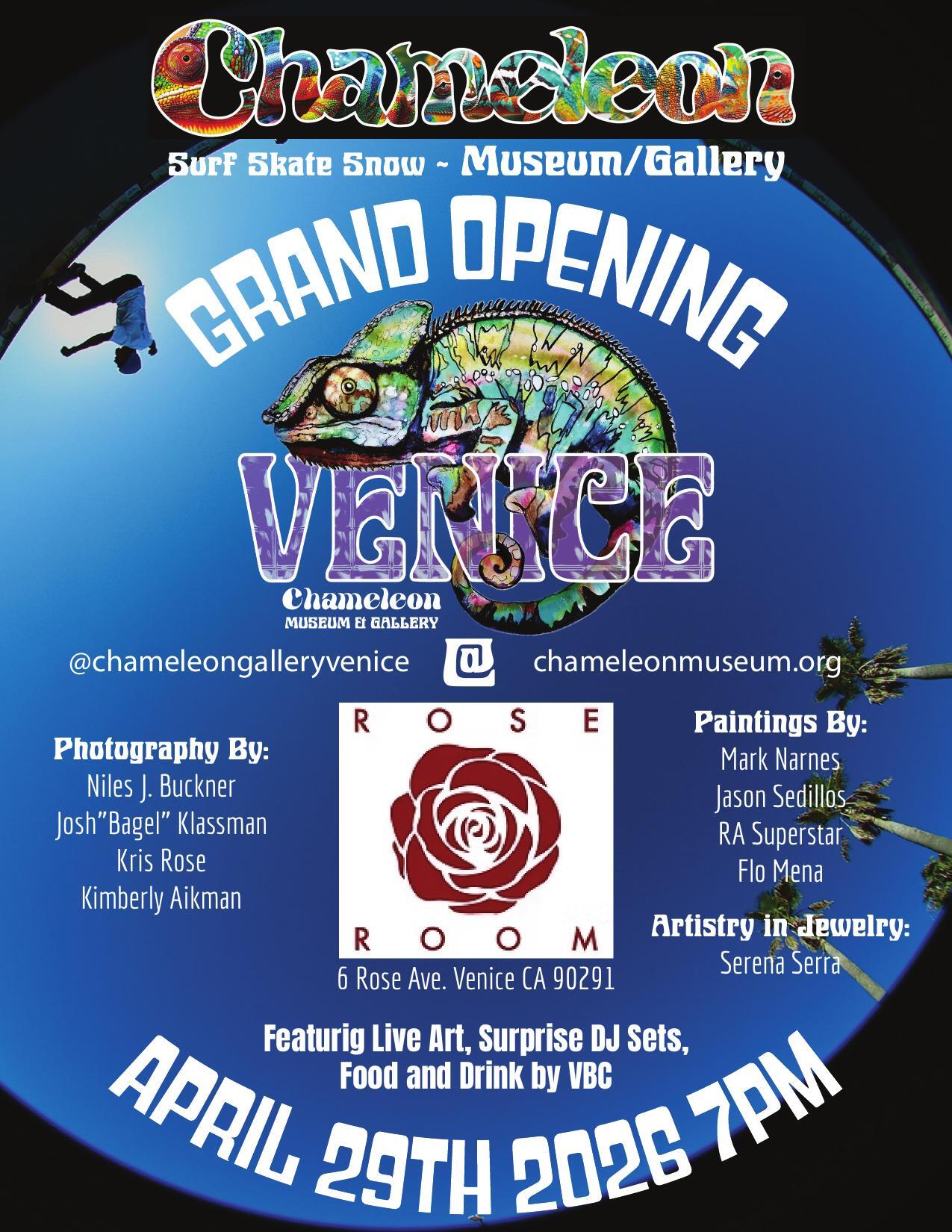 Chameleon Museum & Gallery Grand Opening flyer — April 29th 2026